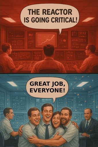 In the top panel, there is a strong red overtone of danger and three system operators in front a a monitoring/control board observe a graph with an upwards trent, the middle one says: "The reactor is going critical!". Subsequently (in the bottom panel), there is a blue overtone and confetti, system operators are hugging with one saying "Great job, everyone!"