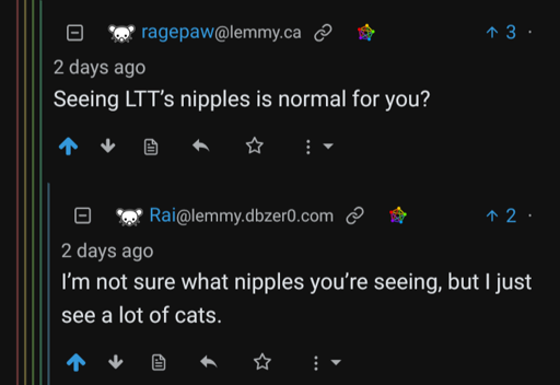Screenshot from lemmy. Ragepaw: "Seeing LTT's nipples is normal for you?" Rai: "I don't know what nipples you're seeing, but I just see a lot of cats."