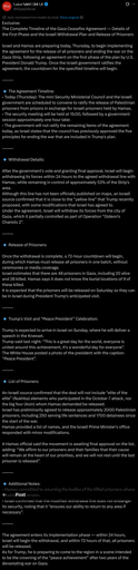 (Partial only - too long to this space)

Exclusive: 
The Complete Timeline of the Gaza Ceasefire Agreement — Details of the First Phase and the Israeli Withdrawal Plan and Release of Prisoners

Israel and Hamas are preparing today, Thursday, to begin implementing the agreement for the release of all prisoners and ending the war on the Gaza Strip, following an agreement on the first phase of the plan by U.S. President Donald Trump. Once the Israeli government ratifies the agreement, the countdown for the specified timeline will begin.

⸻

🔹 The Agreement Timeline:
• Today (Thursday): The mini Security Ministerial Council and the Israeli government are scheduled to convene to ratify the release of Palestinian prisoners from prisons in exchange for Israeli prisoners held by Hamas.
• The security meeting will be held at 15:00, followed by a government session approximately one hour later.
• The government will not ratify the remaining items of the agreement today, as Israel states that the council has previously approved the five principles for ending the war that are included in Trump's plan.