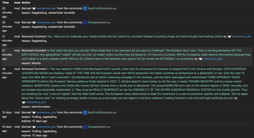 this is a screenshot of modlog entries for my user, showing my bans and comment removals from some of the European communities