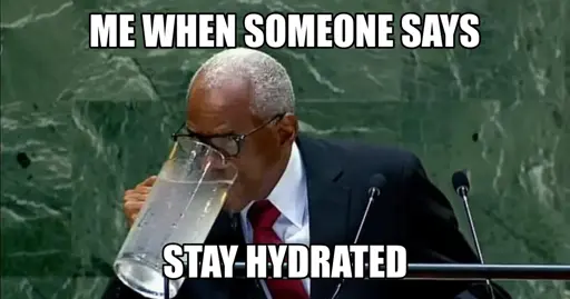 A picture of the Haitian President drinking straight from a water jug while speaking at the UN with a caption "me when someone says stay hydrated".