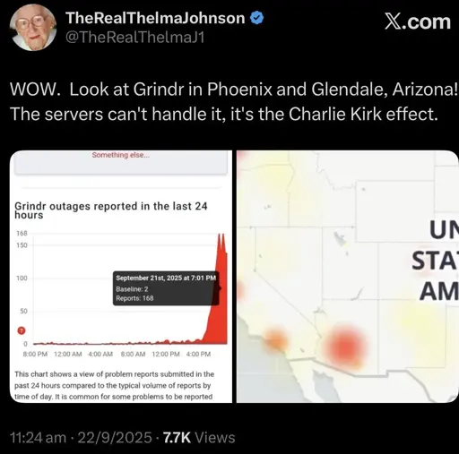 An outage report graph and US map showing outage reports for Grindr concentrated on Glendale, AZ.