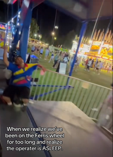 Picture of a man sleeping at the controls of a Ferris wheel with the caption “When we realize we've been on the Ferris wheel for too long and realize the operater is ASLEEP.”